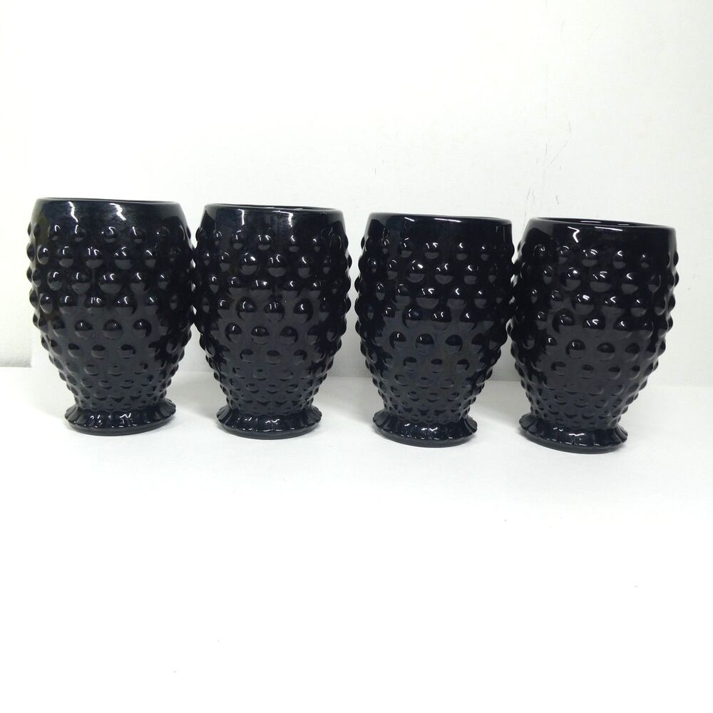 Indiana Tiara Hobnail Ebony Black - Set of 4 Flat Tumbler Glasses Vintage